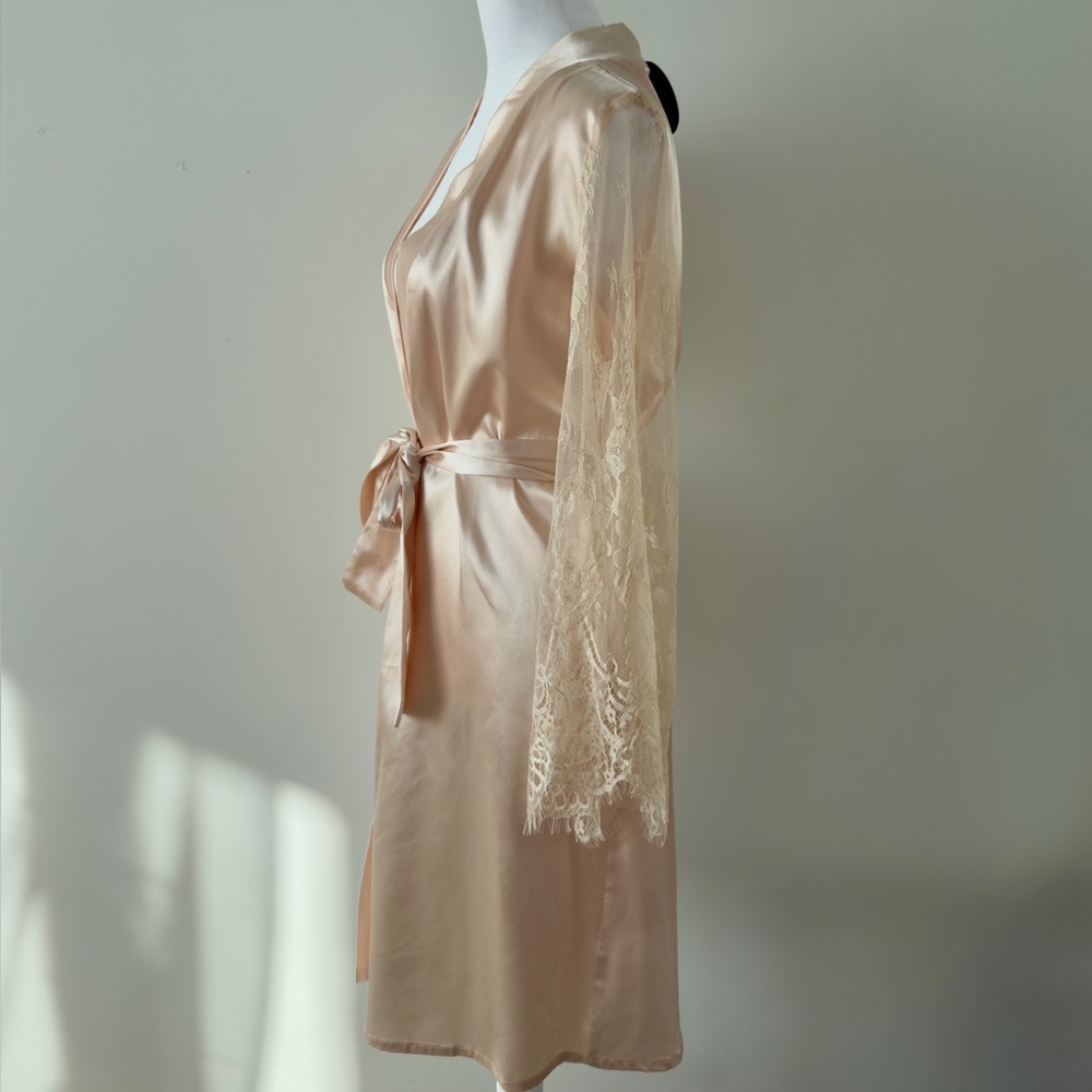Satin Lace-Trim Robe in Champagne - Women Intimates & Sleepwear Bridal Kimono - Picture 6 of 9